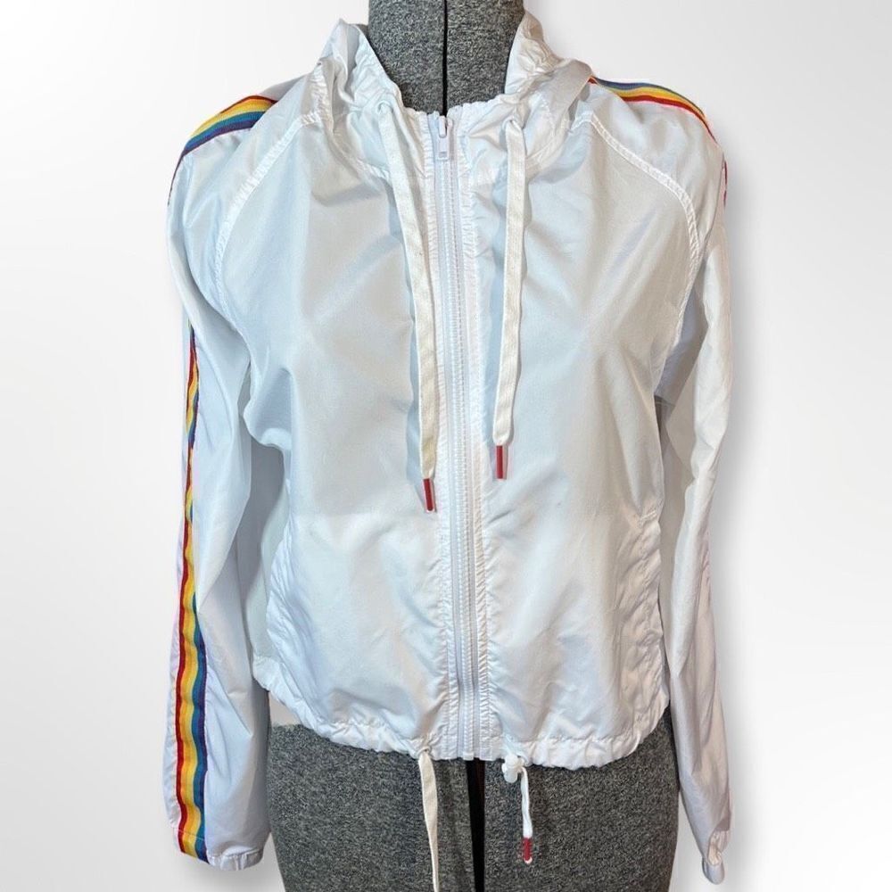 Zumiez A.lab White Cropped WindBreaker With Rainbow Stripe on Arm